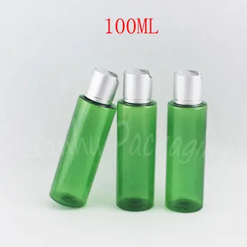 100ML Zelenej Plastovej Fľaši S Strieborný Disk Top Spp , 100CC Prázdne Kozmetické Kontajner , Šampón / Lotion Cestovné Obaly na Fľaše