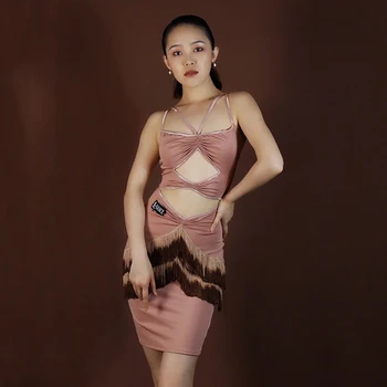 2022 Ružovú Sexy latinské Tanečné Šaty Žien Duté Von bez Rukávov Tanečné Oblečenie, Rumba, Cha Cha Výkon Nosenie Lemovaný Šaty DNV17064