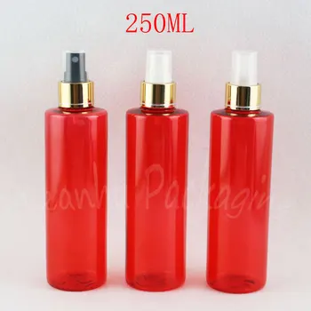 250ML Červené Ploché Ramenný Plastové Fľaše So zlatým Sprejom Čerpadla , 250 ML Toner / Voda Čiastkové plnenie do fliaš , Prázdne Kozmetické Kontajner