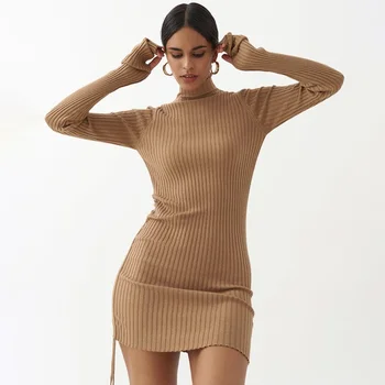 3XL Plus Veľkosť Ženy Zimné Bodycon Slim Šaty 2021 Nové Dlhý Rukáv Turtleneck Pevné Tvárny Šnúrkou Mini Šaty Vestidos