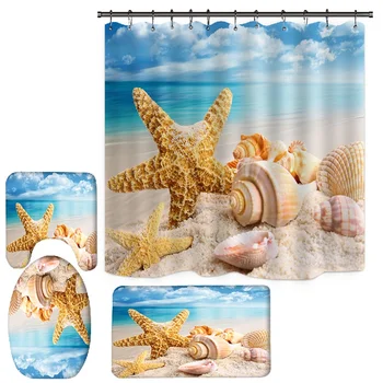4Pcs Sprchový Záves Sady Tropické Scenérie Beach Kúpele Záclony Morskej Vody Blue Sky Hviezdice Shell Kúpeľňa Príslušenstvo Nastaviť Vaňa Mat