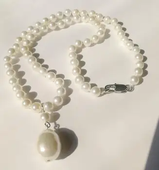6 mm jasné bielou shell perlou 12x16mm prívesok náhrdelník Prírodné SOUTH SEA SHELL PERLY Žena šperkov NÁHRDELNÍK 35 cm 14