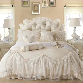 Alherff značky posteľná bielizeň Nastaviť 6pcs Luxusné čistej Bavlny Žakárové Perinu Posteľ sukne Vankúš shames čipkou dekorácie