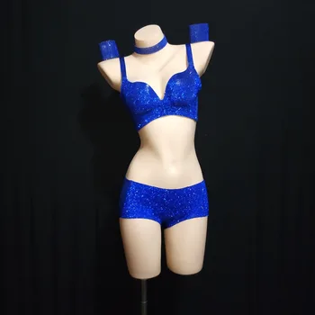 Blikajúce Modré Kamienky Podprsenka Krátke Set Fáze Bikini Oblečenie Nastaviť Bar Ženy Spevák DJ Jazz Dance Žien Narodeniny Prom Oblečenie