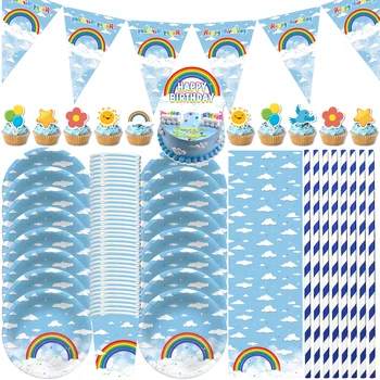 Blue Sky Biely Oblak, Rainbow, Narodeniny, Party Dekorácie Balón Papier Doska Pohár Deti Baby Sprcha Dúha Theme Na Strane Dodávky Nastaviť