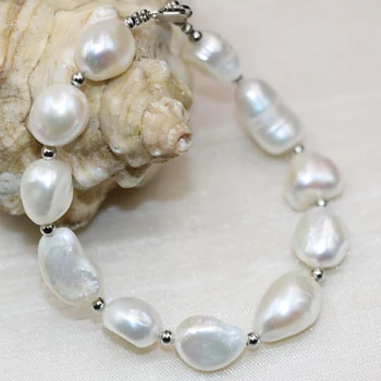 Bohemia štýl prírodná biela perla 12-14 mm nepravidelný korálky charms strand náramky ženy diy spona módne šperky 7.5 palcový B3000