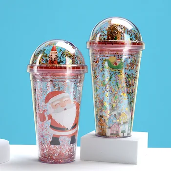 Cartoon Vianočný Pohár Vody Nový Double-layer Plastové Slamy Pohár Tvorivé Vianočný Darček Pohár Doll Flash Prášok Pohár