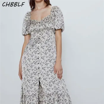 CHBBLF ženy ročník tlače midi šaty krátke rukáv V krku strane zips tlačidlá žena bežné elegantné riadok šaty vestidos XDN9451