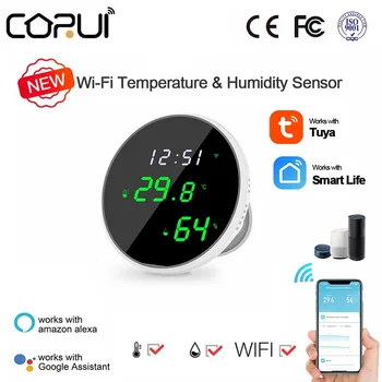 CORUI Tuya Teplota A Vlhkosť, Senzor S LCD Displejom Alarm Push Práca S Alexa Google Asistent Powered Smart
