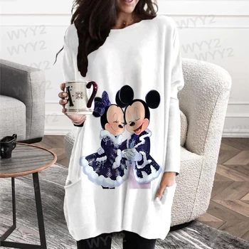 Disney Mickey Minnie Žien T-shirt 2022 Nové celoročné Dlhý Rukáv Vrecku T-shirt Casula O-neck Top Veľkosť