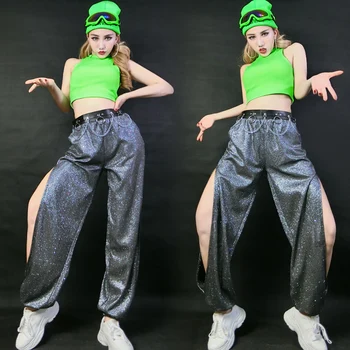 Dospelé samice Hip Hop, Street Dance Kostýmy Ženy Jazz Výkon Oblečenie Lesklé Sexy Split Nohavice Moderného Fáze Nosenie DNV13061