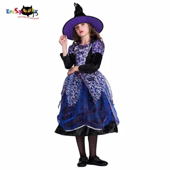 Eraspooky Dievčatá Luxusné Star Čarodejnice Šaty Halloween Kostýmy Pre Deti Fialové Šaty Dlhý Rukáv Čarodejnice Klobúk Deti Maškarný