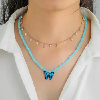 Hot predaj šperkov sen motýľ Crystal string korálky prívesok náhrdelník súbor temperament wild sveter reťazca dva-dielna sada