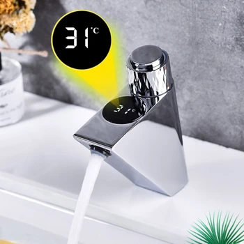 Inteligentný Digitálny LCD Kúpeľňa Termostat Kohútik Vysoko Kvalitnej Mosadze Teplej a Studenej Povodí Mixér Ťuknite na položku Black Toaletné Umývadlo, Batérie, LED