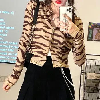 Jeseň dlhým rukávom o-krku krátkom úseku slim leopard tlač čipky šitie cardigan bunda pre ženy