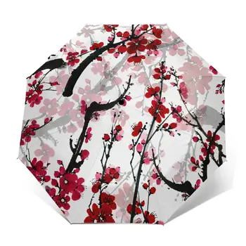 Kvetinový Kvetu Sakura Japonský Maľovanie Vetru Automatické Skladanie Obrátený Dáždnik Prenosné Paraguas pre Človeka Žena
