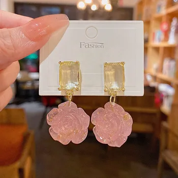 Luxusný Dizajn, Šperky pre Ženy Crystal Kvetinový Náušnice pre Ženy Pink Rose Visieť Valentines Day Darček