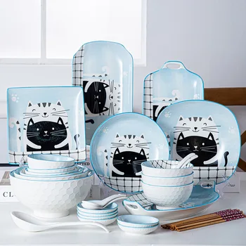 Nové kreslených mačka keramické misy prútika nastaviť kreatívny darček domácnosť, kuchynský riad a riad underglaze farba