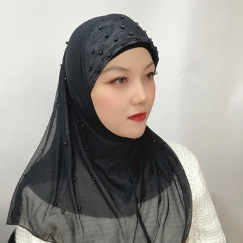 Pripravené na Nosenie Moslimských Závoj Slučky Pearl Okamžité hidžáb Femme Musulman Headwrap Islamskej Šatky Hidžáb Šatka
