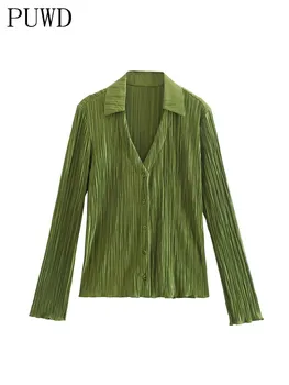 PUWD Elegantné Ženy Vysoký Pás Nohavice Obleky jednofarebné Dámske Zelené Zložiť Kus Dvoch Sád 2022 Jarné Módne Žena Elegantné Sady