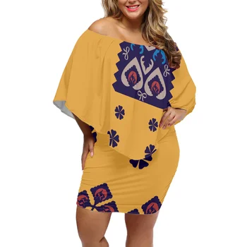 Retro Dámske Krátke Sukne Polynézskej Tribal Kresebný Žltá Tlač Šaty Letné Vypnutie Ramenný Rozstrapatené Mini Party Šaty