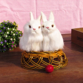 simulácia zvierat 12x8cm white rabbit jeden pár s jedným kôš na hračky polyetylénu&kožušín, Živice remeselné dekorácie darček A1446