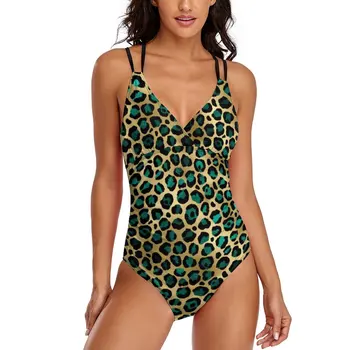 Sivozelená A Zlato Leopard Sexy Plavky Škvrny Tlače Plavky Jednodielne Kombinézu Vaňa Push Up Vlastné Celé Plavky Plážové Oblečenie Plus Veľkosť