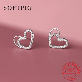SOFTPIG Trendy Reálne 925 Sterling Silver Zirkón Duté Srdce Stud Náušnice Pre Ženy Klasické Jemné Šperky Minimalistický Príslušenstvo