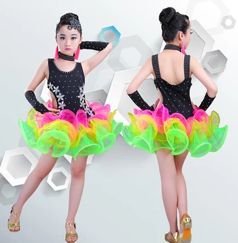 Svetlé Farby Fáze Výkonu Dievčatá V Krojoch Latinské Tanečné Oblečenie Sequin Šaty Deti Latinskej Salsa Šaty Samba Tanečné Kostýmy