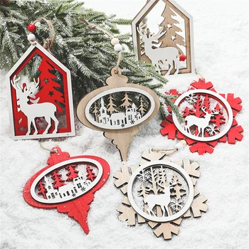 Vianočný Strom Dekorácie Ornamenty Maľované Drevené Elk Parohy Snowflake Plavidlá Visí 2023 Xmas Party Domova Prívesky, Darčeky