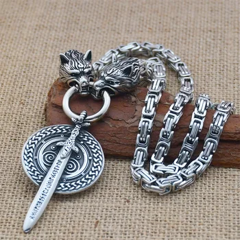 Viking Vlk Hlavu Kráľa Reťazca Náhrdelník Nordic Odin Rune Meč Prívesok Mužov Rune Amulet Príslušenstvo Viking Šperky