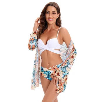 Vysoký Pás Plavky Ženy Sexy 3 Ks Bikini Set s zakryť Dlhým Rukávom Žena Brazílsky Obväz Plavky Baithng Vyhovovali Pláže