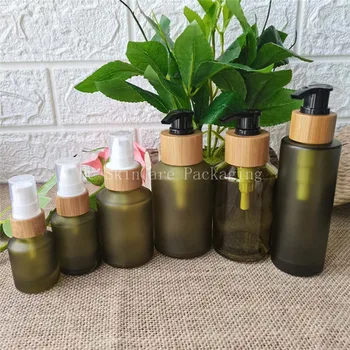 Vzorky Zadarmo Zelená mliečneho Skla lotion fľašu s Bambusom čerpadla,kozmetické balenia,kozmetické fľaše,balenie pre kvapaliny