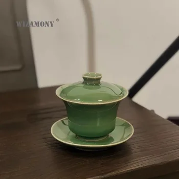 WIZAMONY Slivka Qinggai misy veľkú šálku čaju tri misy zelená porcelánu kung fu čaj s bubble tea misa keramická čaj pripravený tri šálky