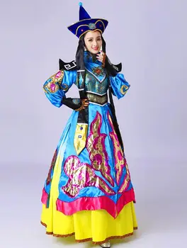 Čínsky Mongolskej Kostýmy Ženy Fáze Výkonu Tanečné Šaty Ľudovej Patrí Klobúk Klasická Modrá