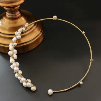 Hademade Mosadzný drôt Vinutia Golier Momenty sladkovodné Perly Baroco Náhrdelník Choker Jemné šperky Narodeninové Darčeky pre ženy 2021