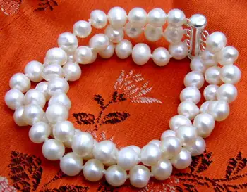 Qingmos Prírodná Biela Perla Náramok pre Ženy s 6-7mm Kolo White Pearl 3 Pramene Náramok 7.5