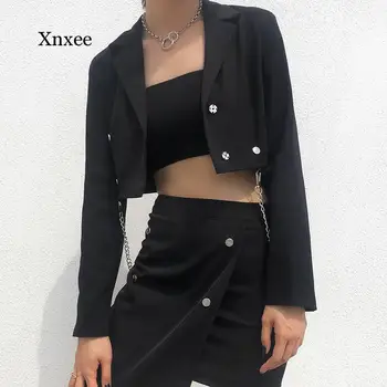 Reťaz Tlačidlo Estetické Gotický Bundy Ženy Harajuku Jeseň Zima 2020 Longsleeve Ženy Kabát Punk Móda Streetwear