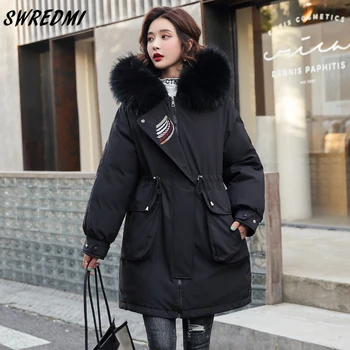SWREDMI Výšivky Módne Coats Ženy Zimné Slim Snehu Nosenie Bundy High Street Veľké Vrecká Dlho Parkas Šnúrkou Oblečenie
