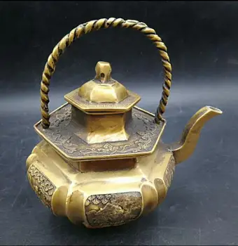 Vyrezávané antique brass plavidlá darček rukoväť šesť uhol hot kanvica, teapot
