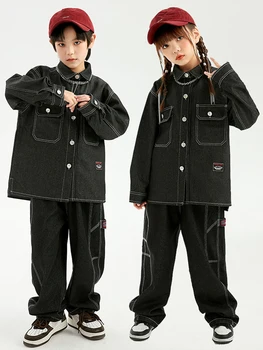 Čierna Denim Oblek Pre Dievčatá Chlapci Hip Hop Tanečné Oblečenie Deti Dlhé Rukávy Jazz Výkon Kostým Módne Kpop Fáze Nosenie BL9673