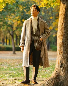 Šedé pánske Vlnené Kabát Japonsko StyleThick Plus Pevné Singal-Breasted Pás V-Rukáv Bunda Ležérne Módne Pekný Kabát