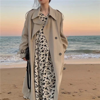 Ženy Dlhý Výkop Coats Top kórejský 2021Autumn Elegantné Double-Breasted Vintage Voľné Windbreaker Kabát+Kvetinové Šaty Dvoch-Dielny